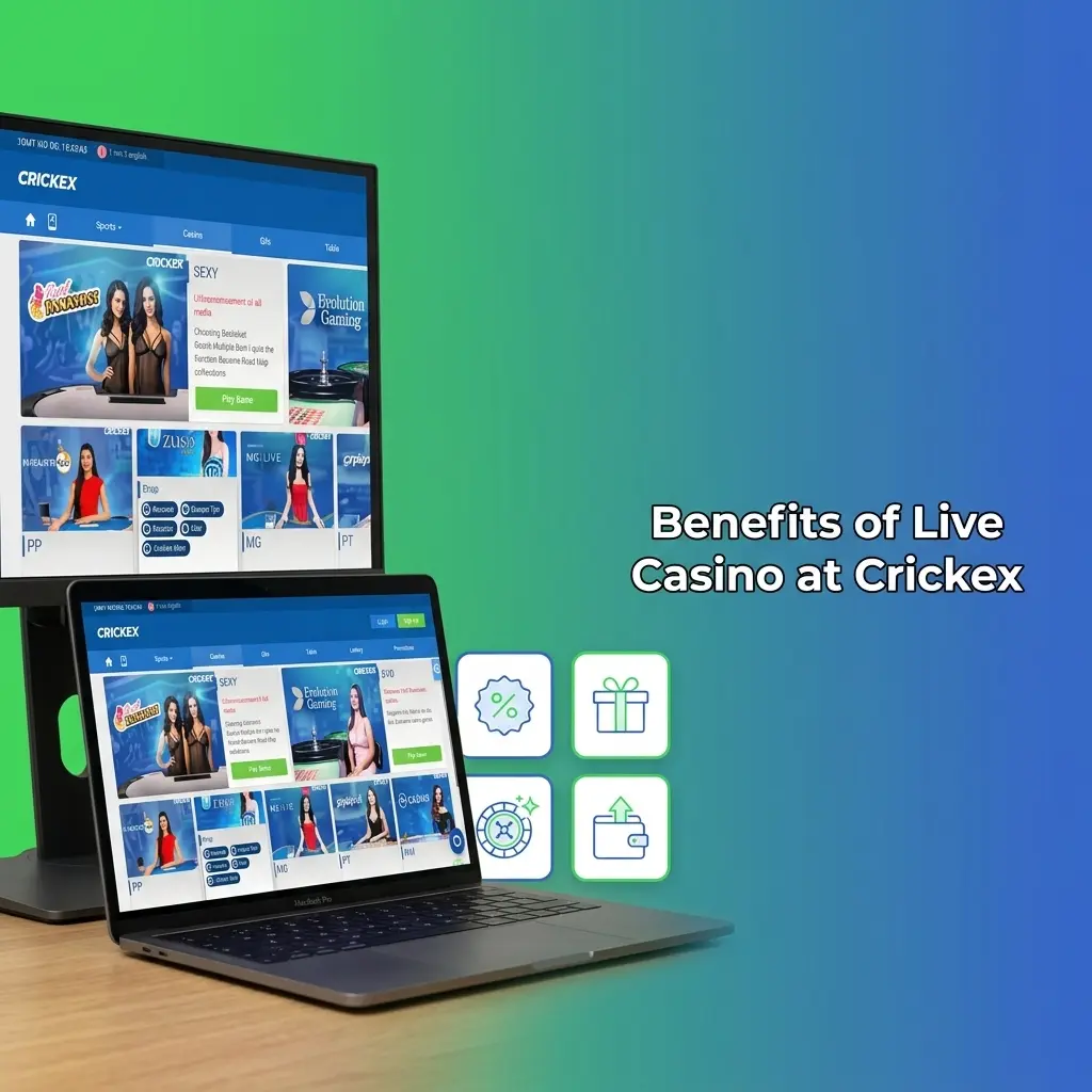Crickex live casino benefits showing professional dealers, real-time streaming, and diverse table games including Baccarat and Teen Patti