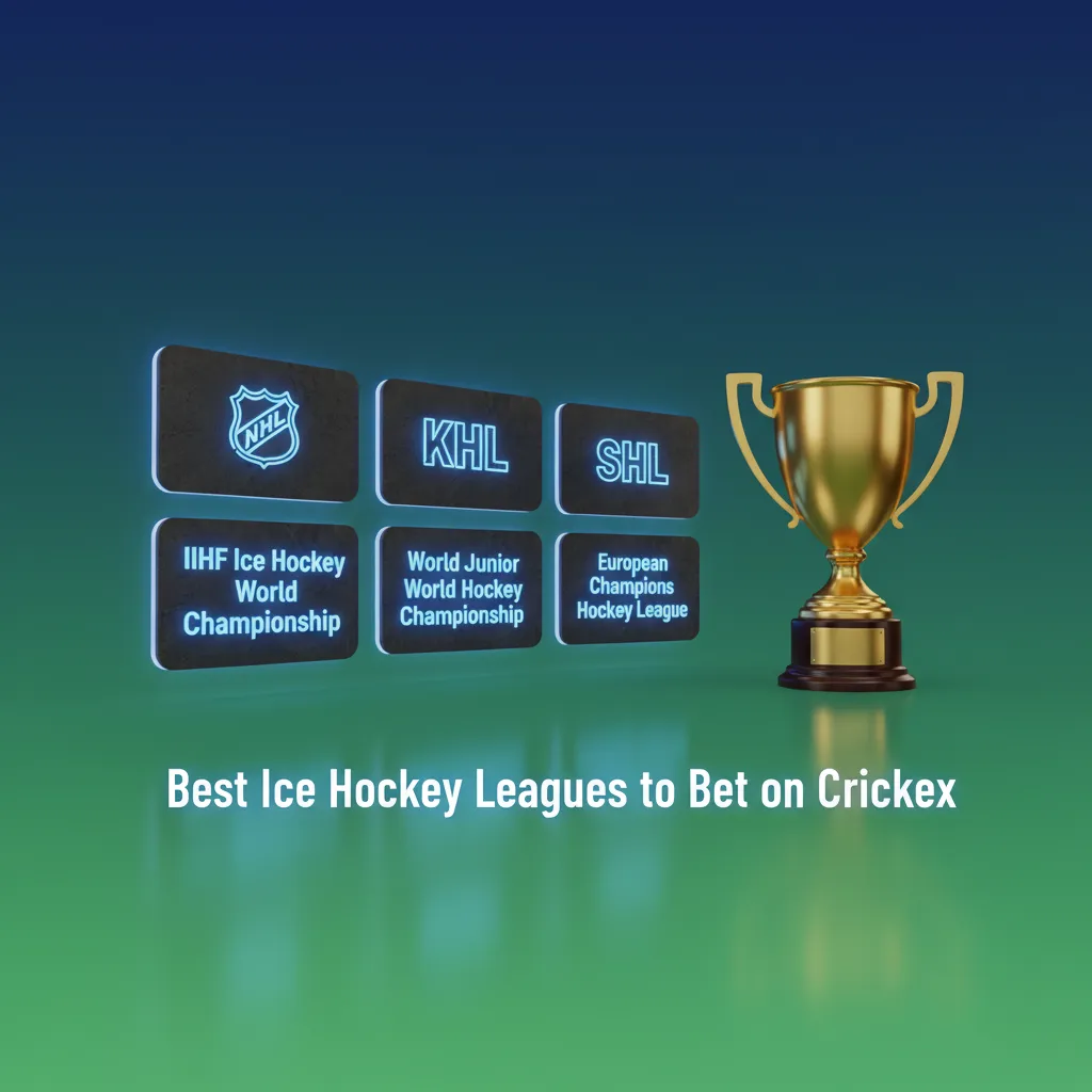 Crickex ice hockey betting graphic highlighting NHL, KHL, SHL, Liiga, IIHF Worlds, Olympics, and CHL options.