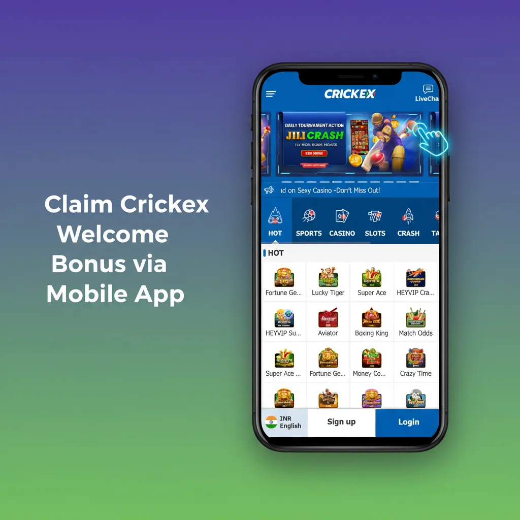 Crickex mobile app screen illustrating steps to download and install APK, sign in, deposit, and claim welcome bonus.