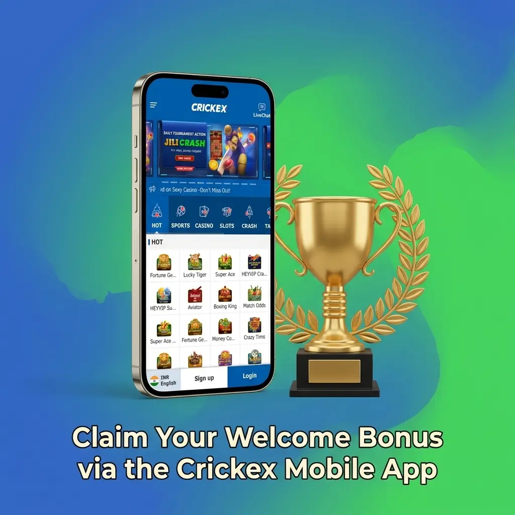 Crickex mobile app welcome bonus claim steps on Android and iOS with registration and INR 500 deposit