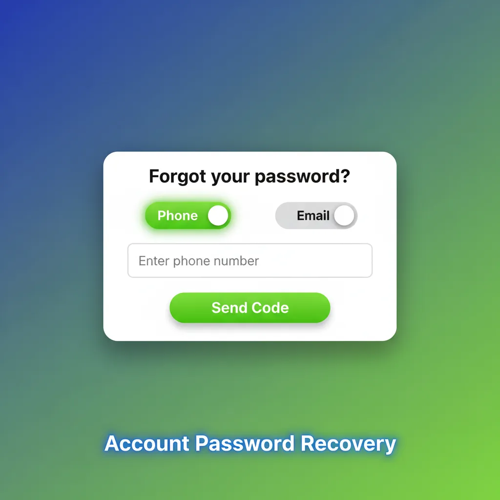 Account password recovery: Forgot Password, verify by email or SMS code, set new password, enable two-factor auth.