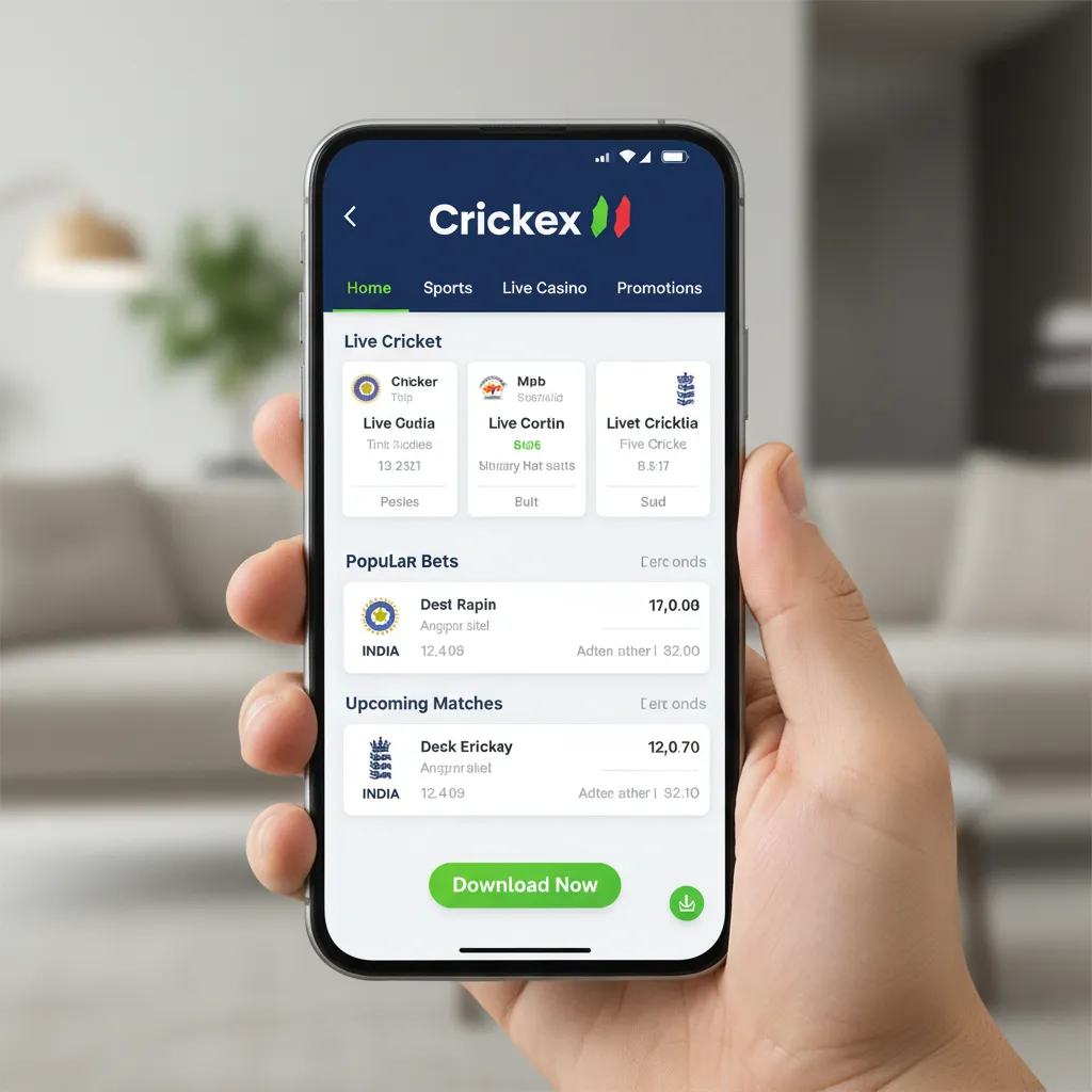 Phone showing Crickex app: sportsbook, casino, banking; Android app and iOS web app for on-the-go betting.