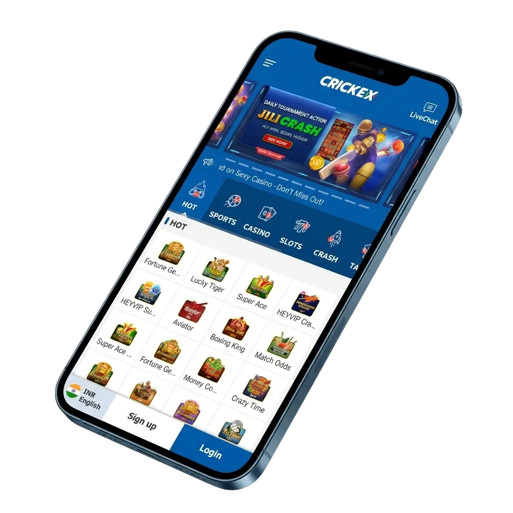 Crickex iOS app for Bangladesh players showing cricket betting and casino features with BDT 30000 welcome bonus