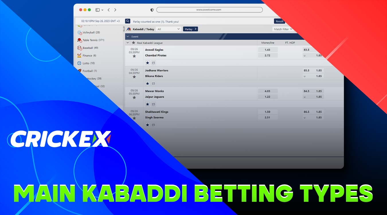 Overview of main types of bets on kabaddi on the Crickex platform.