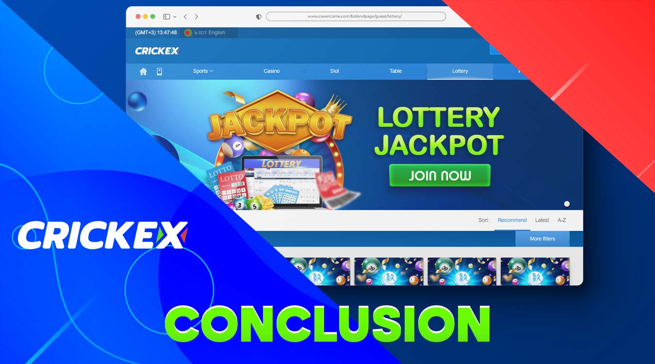 Summary of the lottery section review on the Crickex platform.