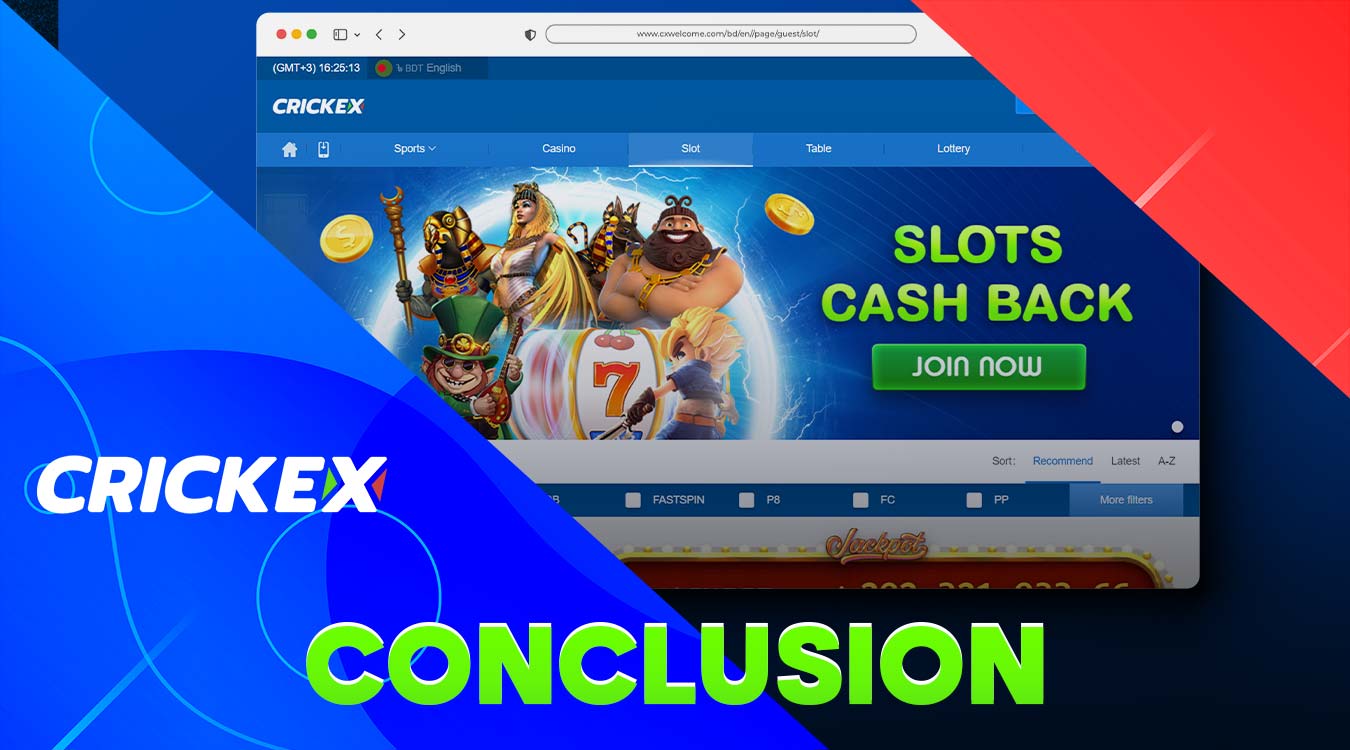 Summary of the slots section review on the Crickex platform.