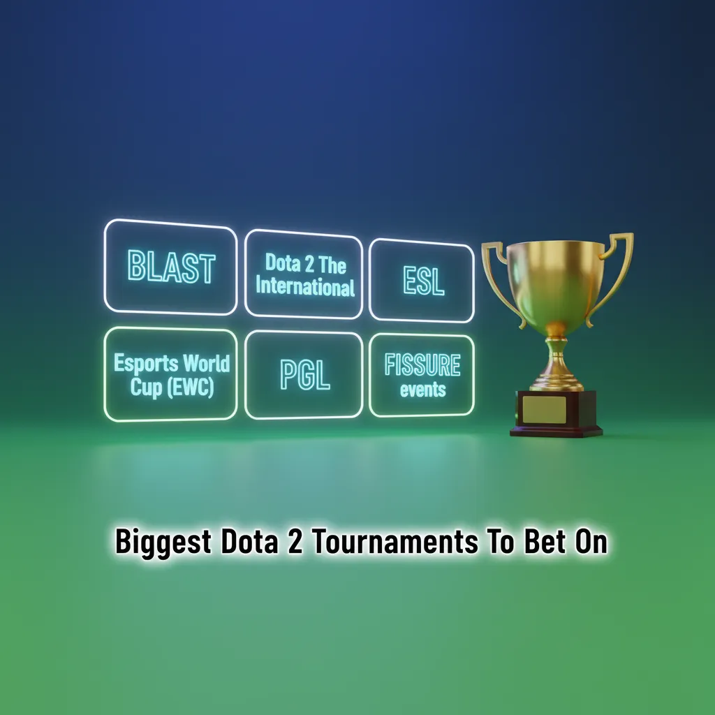 Graphic listing Dota 2 tournaments to bet on: TI, BLAST, ESL, EWC, PGL, FISSURE; year-round events and qualifiers.