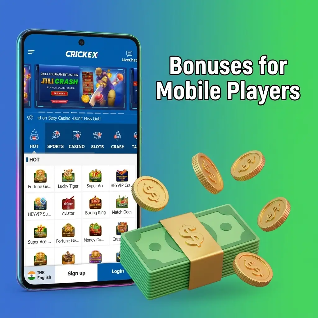 Crickex mobile app promotions tab showing welcome bonus and cricket tournament reload offers for players
