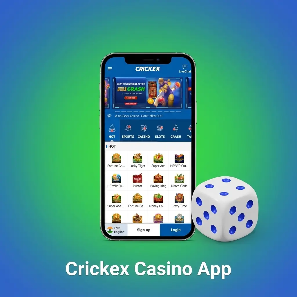 Crickex Casino App featuring live dealer games, slots, and table games by Pragmatic Play, Evolution Gaming, and Ezugi