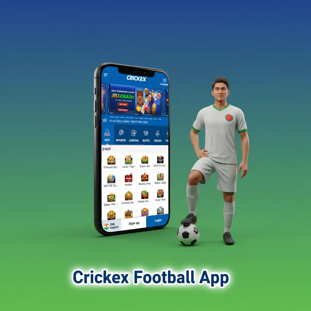 Crickex Football app on smartphone, showing live odds, bet slip, Cash Out, push alerts, live stats, and quick login.