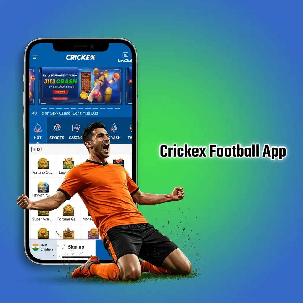 Crickex football betting app interface on mobile showing live markets and bet slip for Android and iOS users
