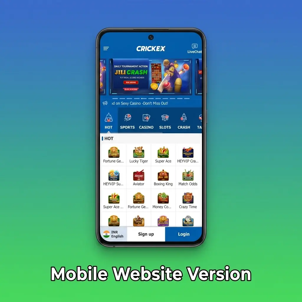Crickex mobile website interface on a smartphone showing betting and casino options optimized for Bangladesh users