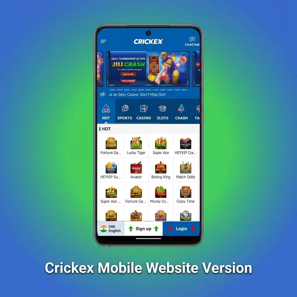 Crickex mobile website version displayed on a smartphone browser with sports betting and live casino features