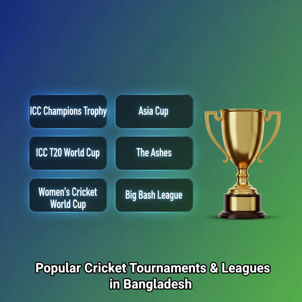 Infographic of popular cricket events in Bangladesh: BPL, IPL, ICC World Cups, The Ashes, Asia Cup, with betting markets.