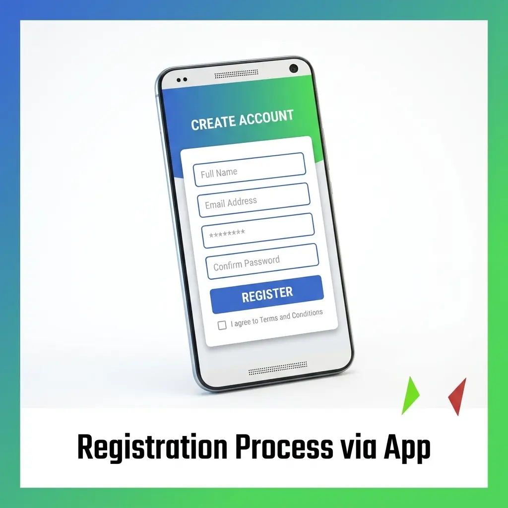 Step-by-step app registration process showing account creation, personal details entry, promo code field, and email verification steps