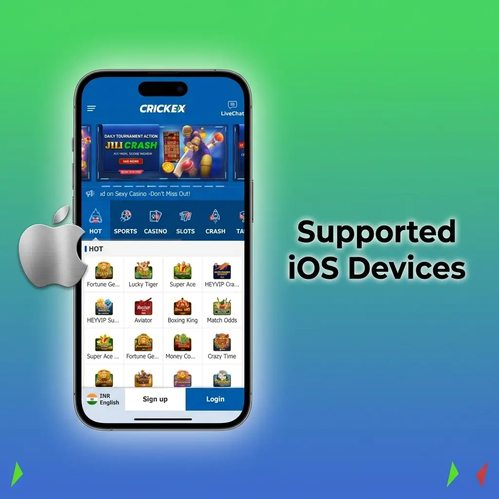 Crickex app supported iOS devices list including iPhone SE, iPhone 11-16, XR, iPad, iPad Air, and iPod Touch