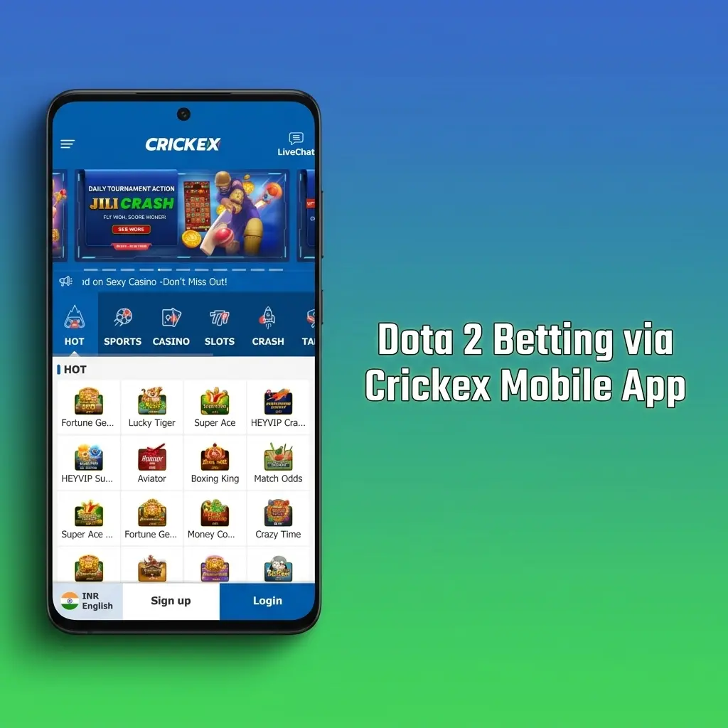 Crickex mobile app open on Dota 2 esports betting section showing live matches and bet slip on smartphone