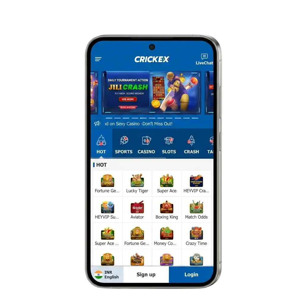 Crickex app download screen for Android APK and iOS showing sports betting and casino features for Bangladesh users
