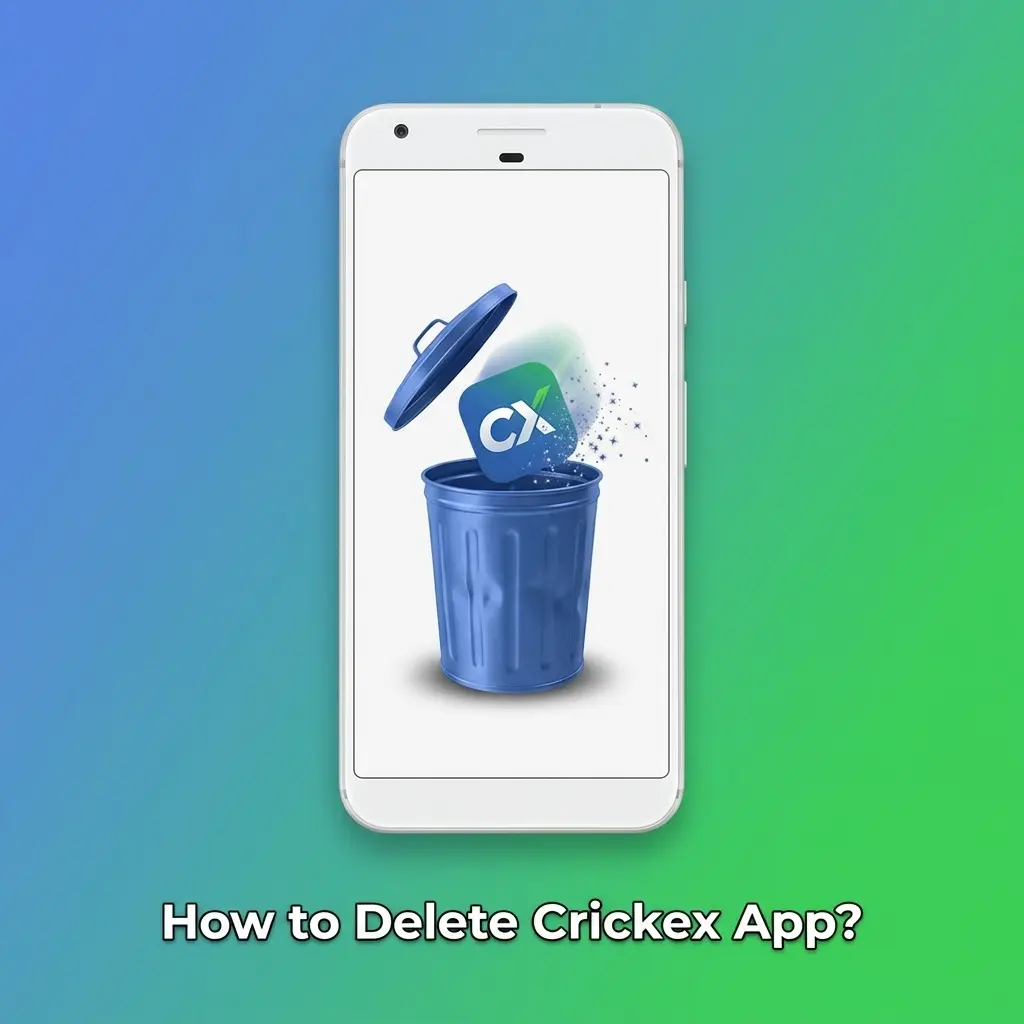 Uninstalling Crickex app on Android and iOS devices with step-by-step removal instructions shown on smartphone screen