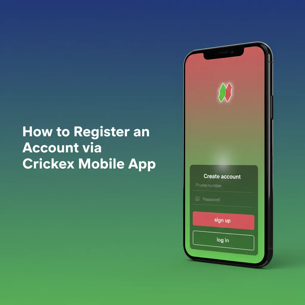 Crickex mobile app sign-up steps: tap Sign Up, enter phone or email and password, choose currency, verify code, log in.