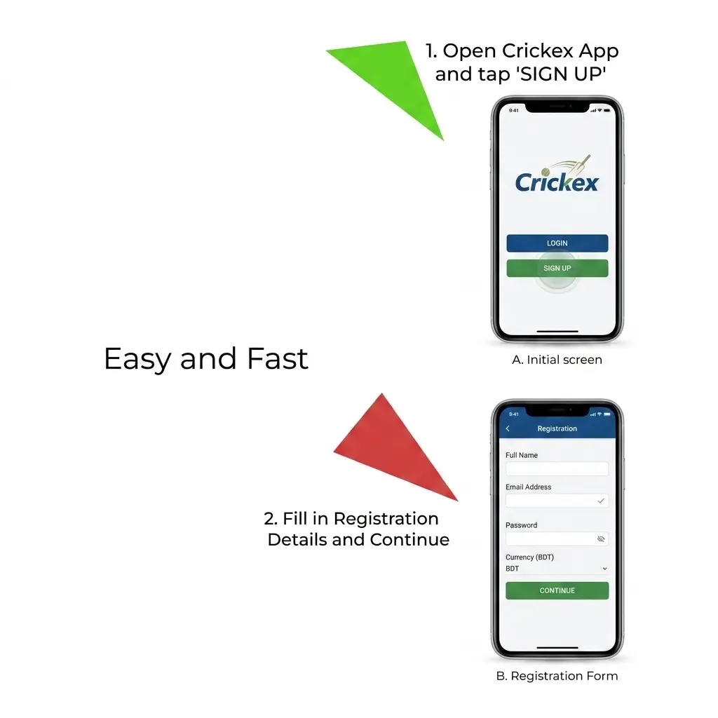 Crickex mobile app registration screen showing sign-up form with fields for mobile number, email, and password