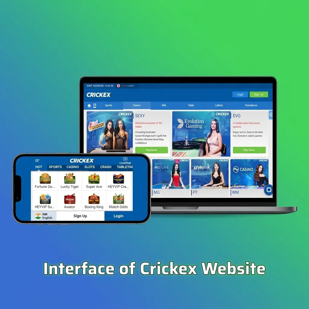 Crickex website interface showing top navigation bar with Sports, Live Betting, Casino, Promotions, and account sections