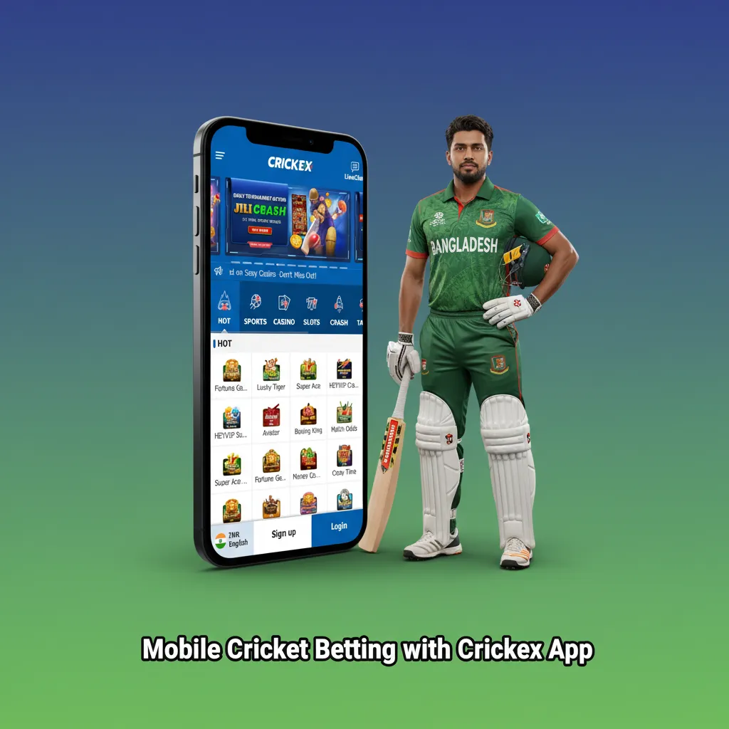 Smartphone showing Crickex cricket betting app with odds, live scores, cash out, bKash/Nagad deposits, and bet slip.