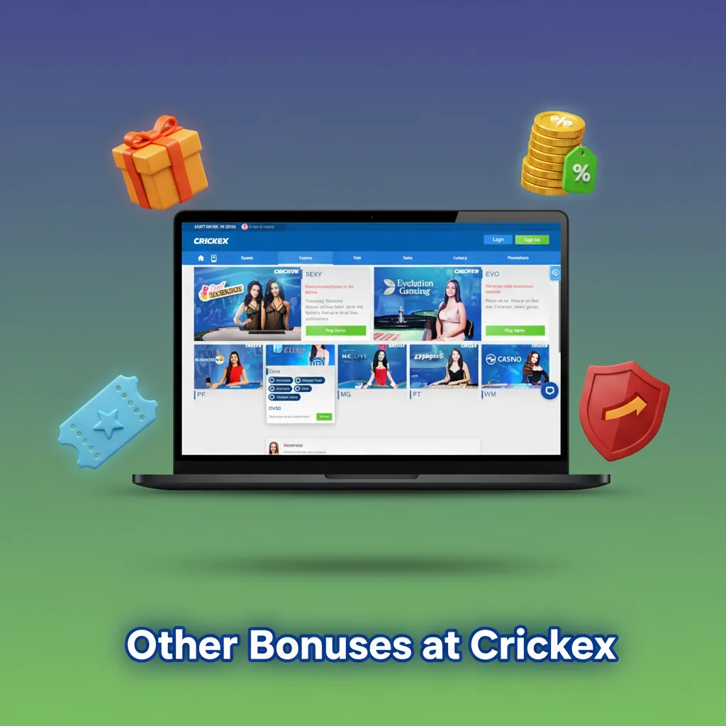 Other bonuses at Crickex: Sports Reload, Weekly Free Bet, Casino Cashback, Slot Free Spins, Refer a Friend.