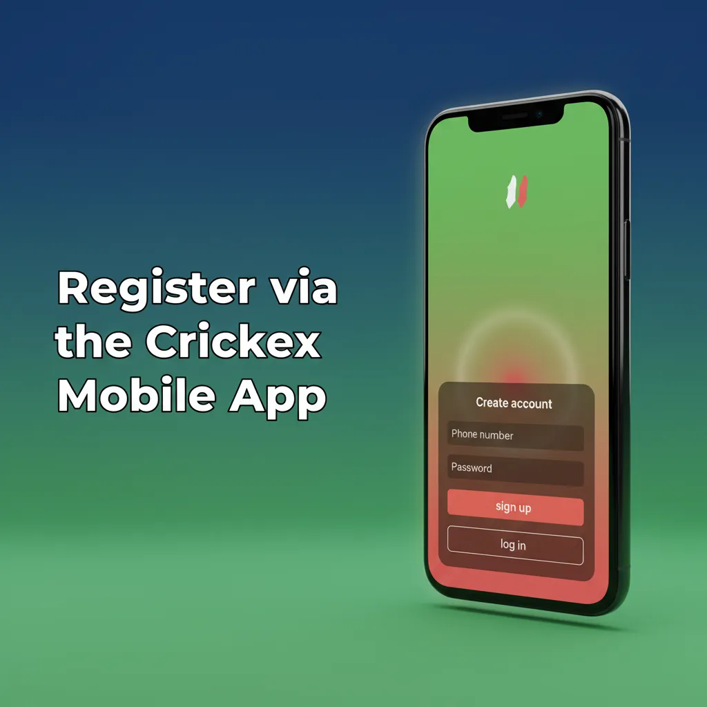 Phones showing Crickex app signup: download Android APK or iOS PWA, tap Register, choose method, enter details, verify code.