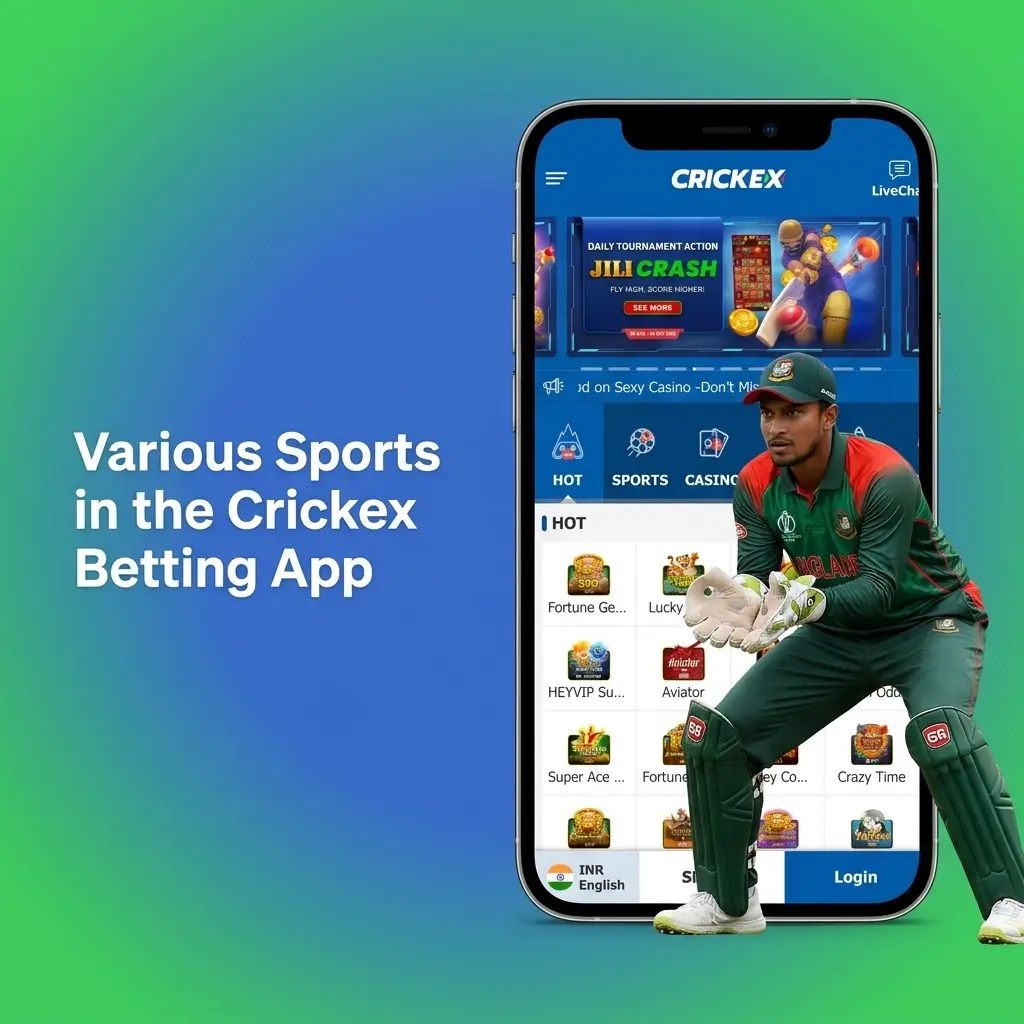 Crickex betting app sports selection including cricket, football, tennis, basketball, esports, and more betting options