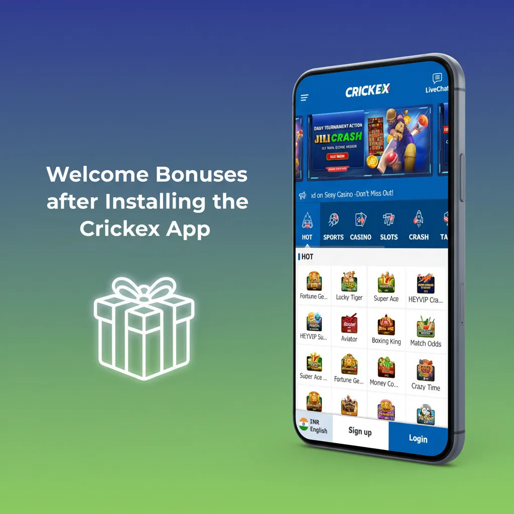Crickex app welcome bonuses up to ₹30,000 after install and sign-up; sports or casino offers. Terms apply.